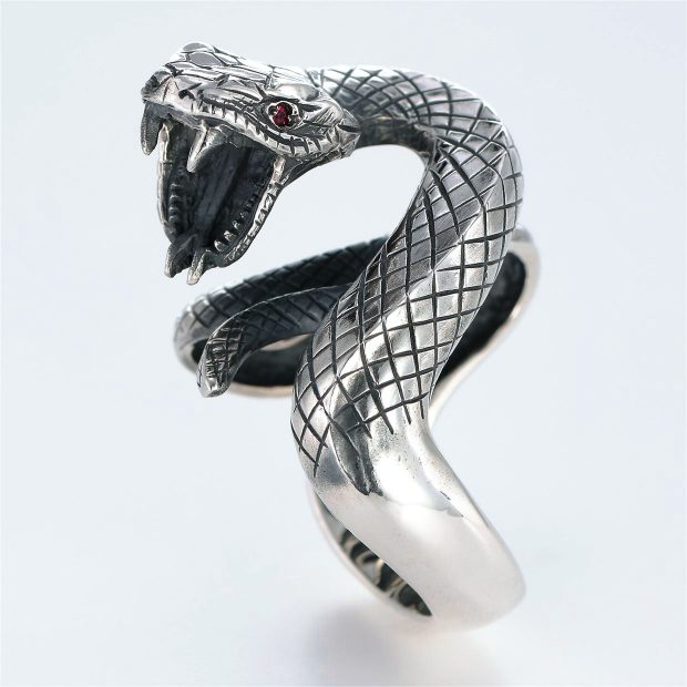 宝石ルビーを使ったヘビ・爬虫類のデザインが特徴的な銀風指輪の商品写真です。型番：GP101005-01 画像その2